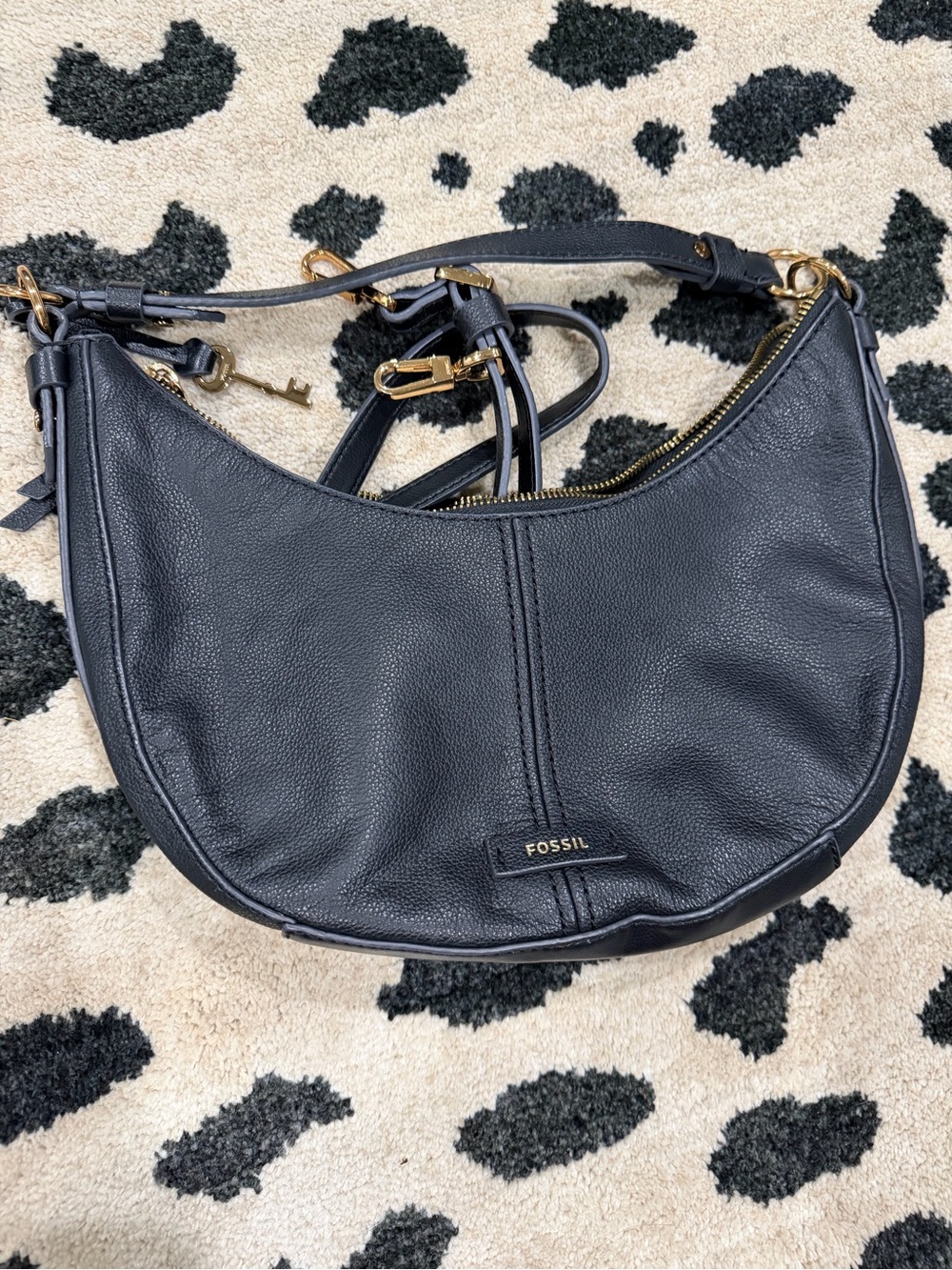 Fossil Black Pebbled Leather Crescent Shoulder Bag